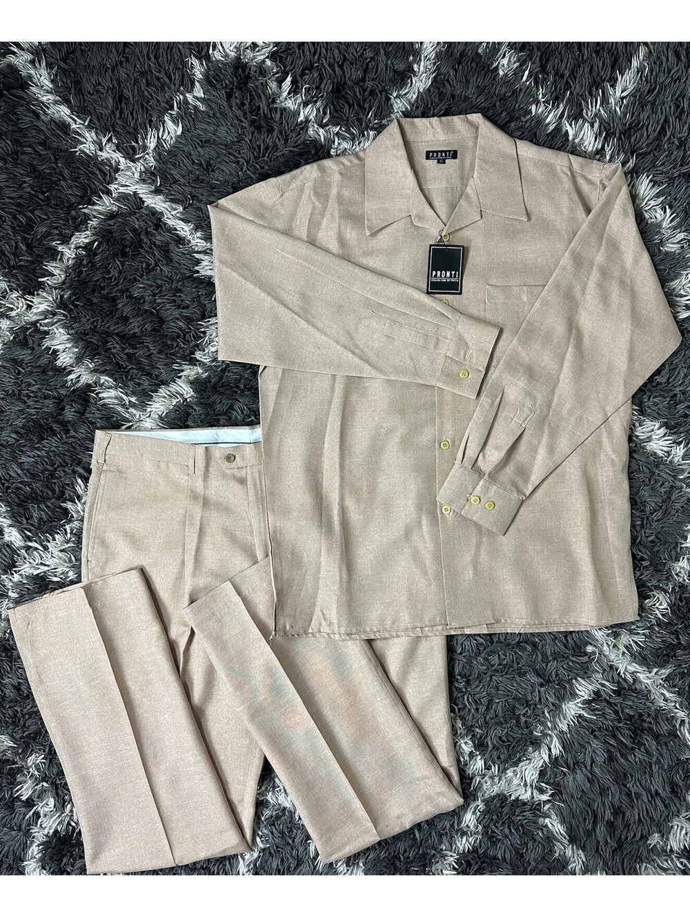 NWT Pronti Walking Suit Mens XL Shirt 40/34 Pants 2 Pc Set Beige Tan Casual